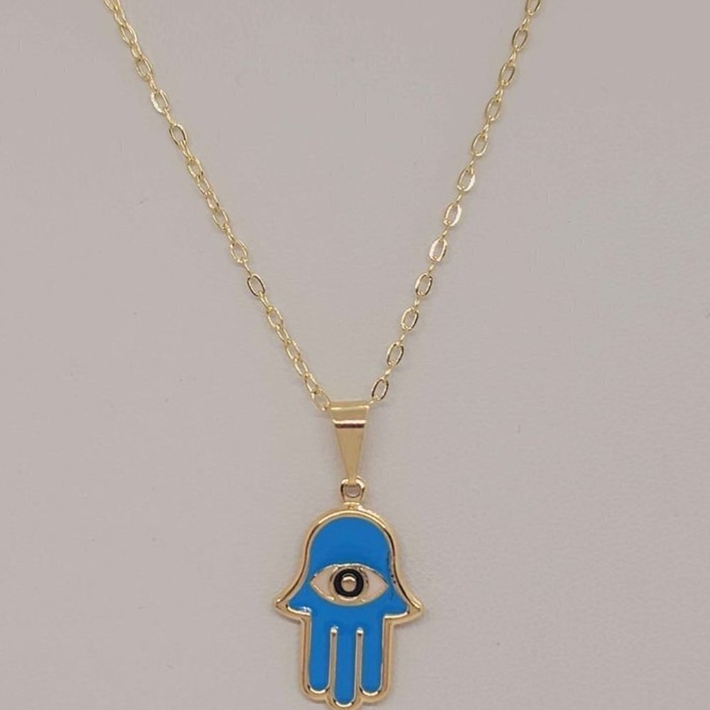 Brand New Brazilian 18k Gold Filled Baby Blue Hamsa With Evil Eye Necklace